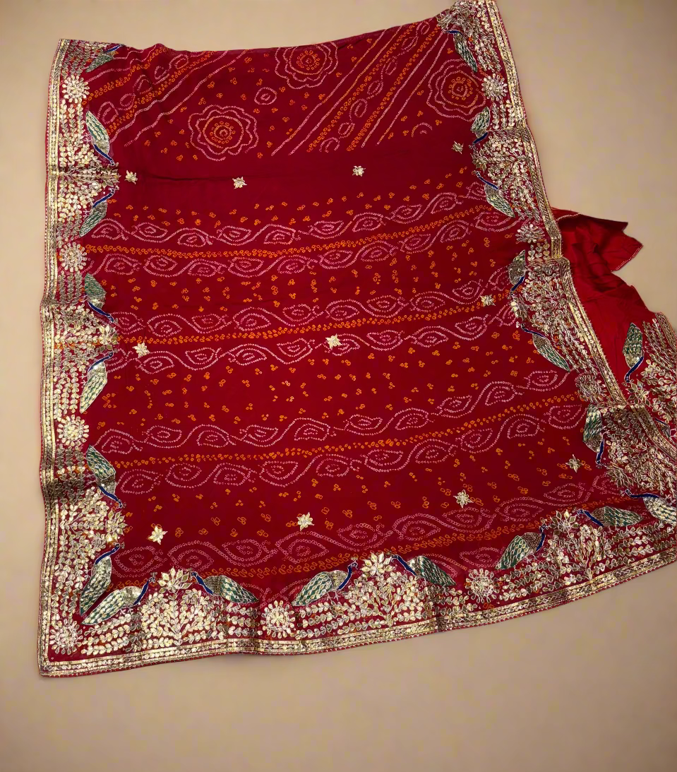 RED PURE OJARIYA BANDHANI SAREE WITH GOTA PATTI AND ZARDOZI EMBROIDERED BORDER