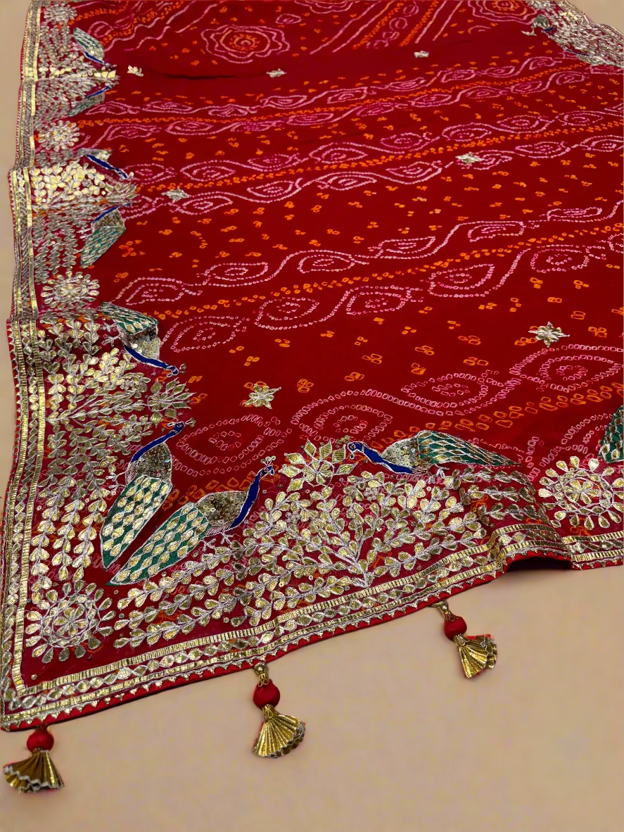 RED PURE OJARIYA BANDHANI SAREE WITH GOTA PATTI AND ZARDOZI EMBROIDERED BORDER