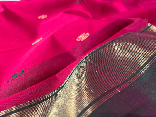 RANI COLOR PURE COTTON SILK MAHESWARI SAREE WITH CONTRAST PALLA & ZARI BORDER