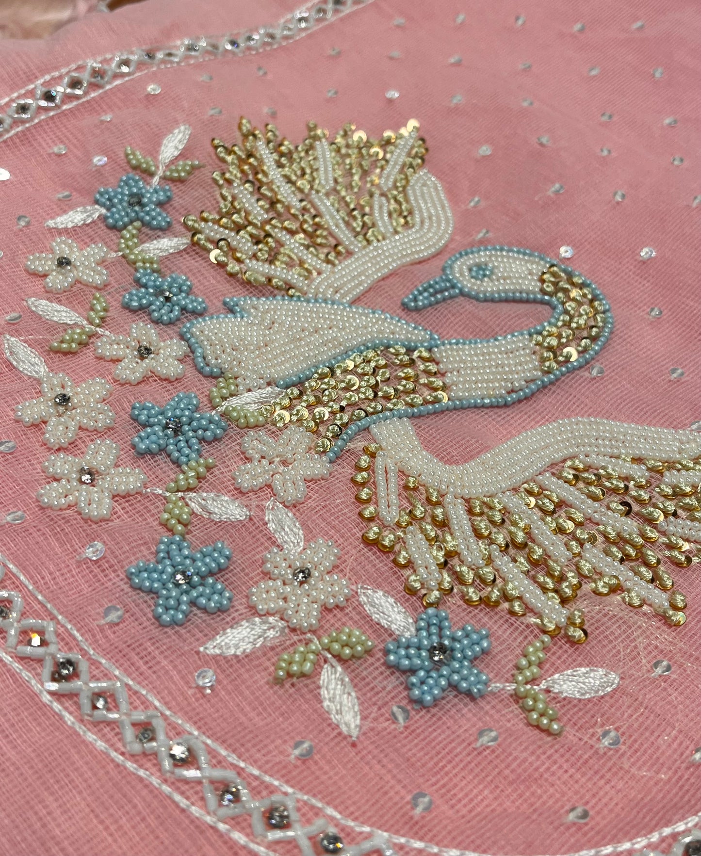 PINK COLOUR KOTA DORIA UNSTITCHED SUIT WITH CHIFFON DUPATTA EMBELLISHED WITH BEADS & CUTDANA WORK