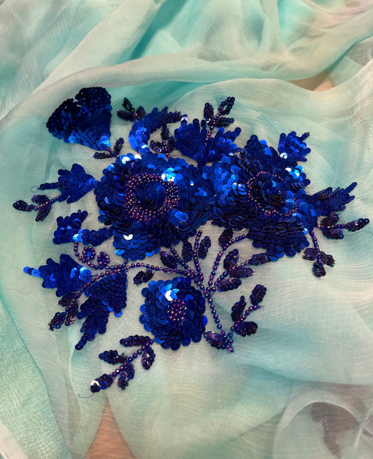 ( DELIVERY IN 20-25 DAYS ) AQUA COLOUR CHIFFON HAND EMBROIDERED SAREE EMBELLISHED WITH SEQUINS WORK