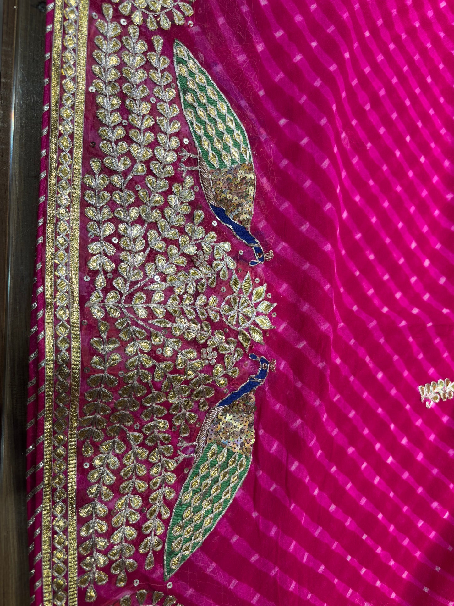 (Deliver in 30 Days) HOT PINK PURE MOTHRA LEHERIYA SAREE WITH GOTA PATTI & ZARDOZI WORK BORDER PAIRED WITH A CREPE BLOUSE