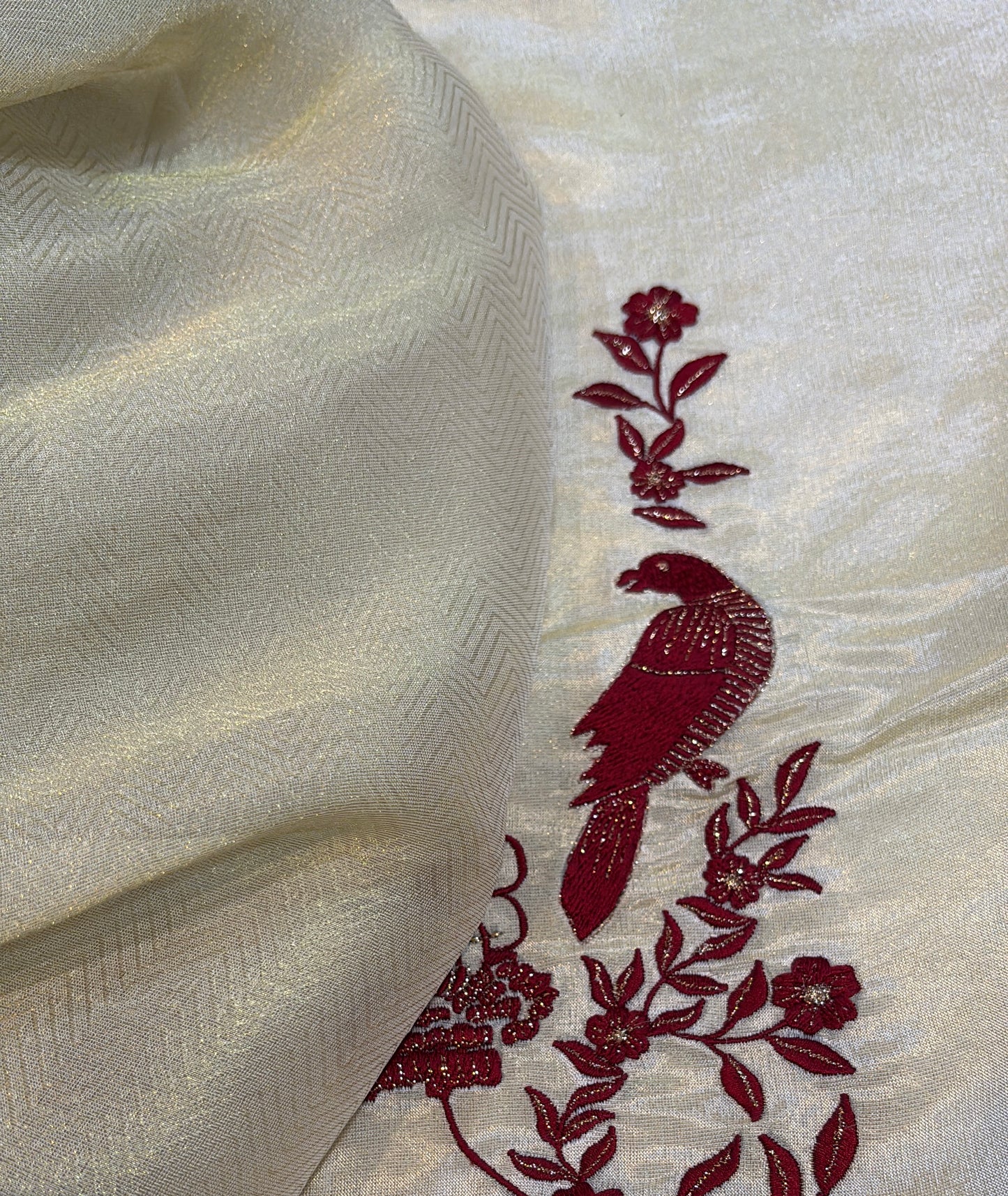 IVORY GOLD GEORGETTE TISSUE UNSTITCHED SUIT WITH RED RESHAM EMBROIDERY