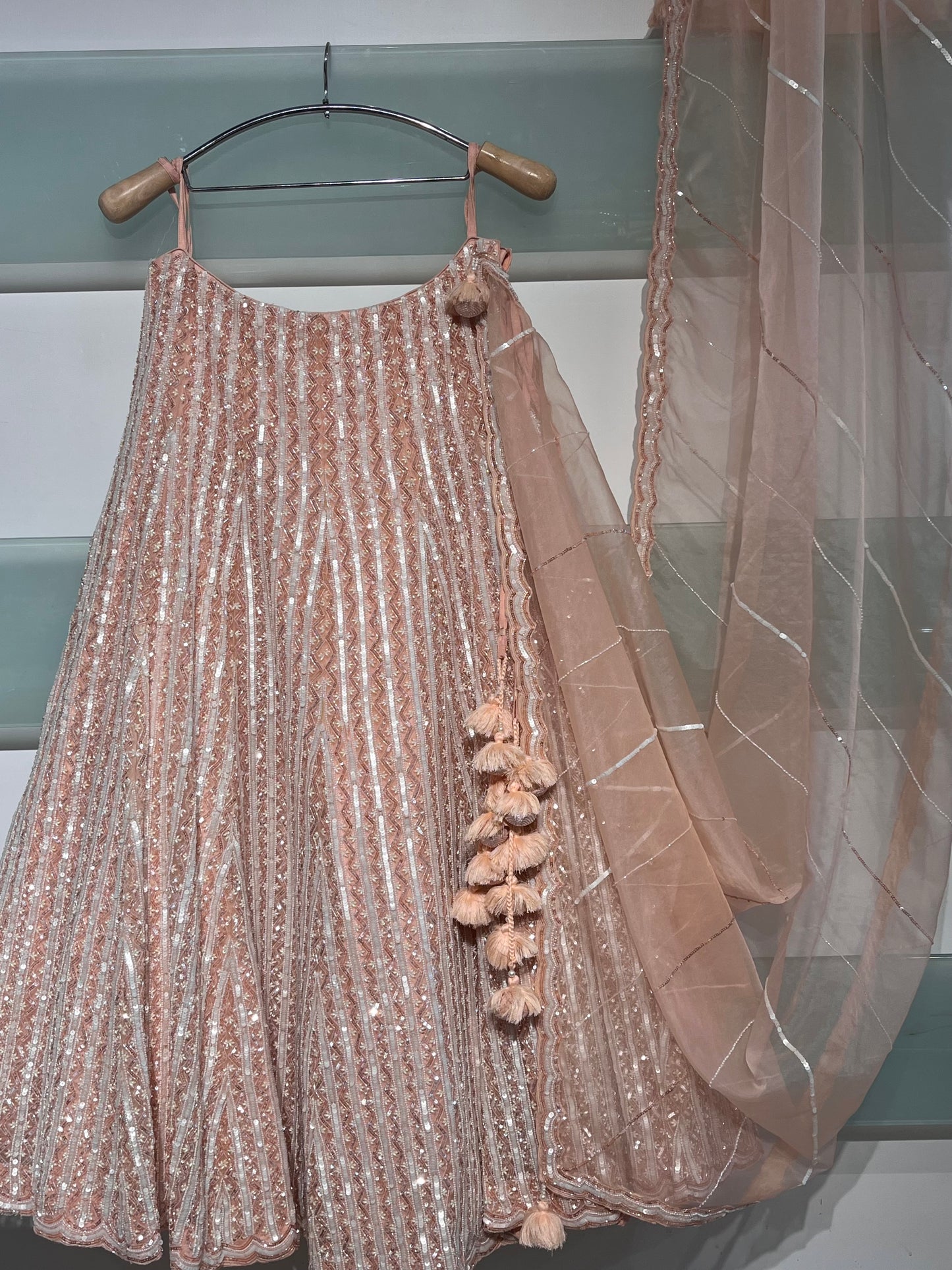 PEACH COLOUR ORGANZA HAND EMBROIDERED LEHENGA EMBELLISHED WITH SEQUINS, CUTDANA WORK & UNSTITCHED BLOUSE