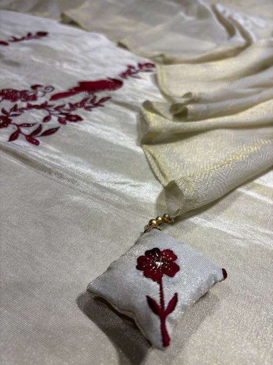 IVORY GOLD GEORGETTE TISSUE UNSTITCHED SUIT WITH RED RESHAM EMBROIDERY