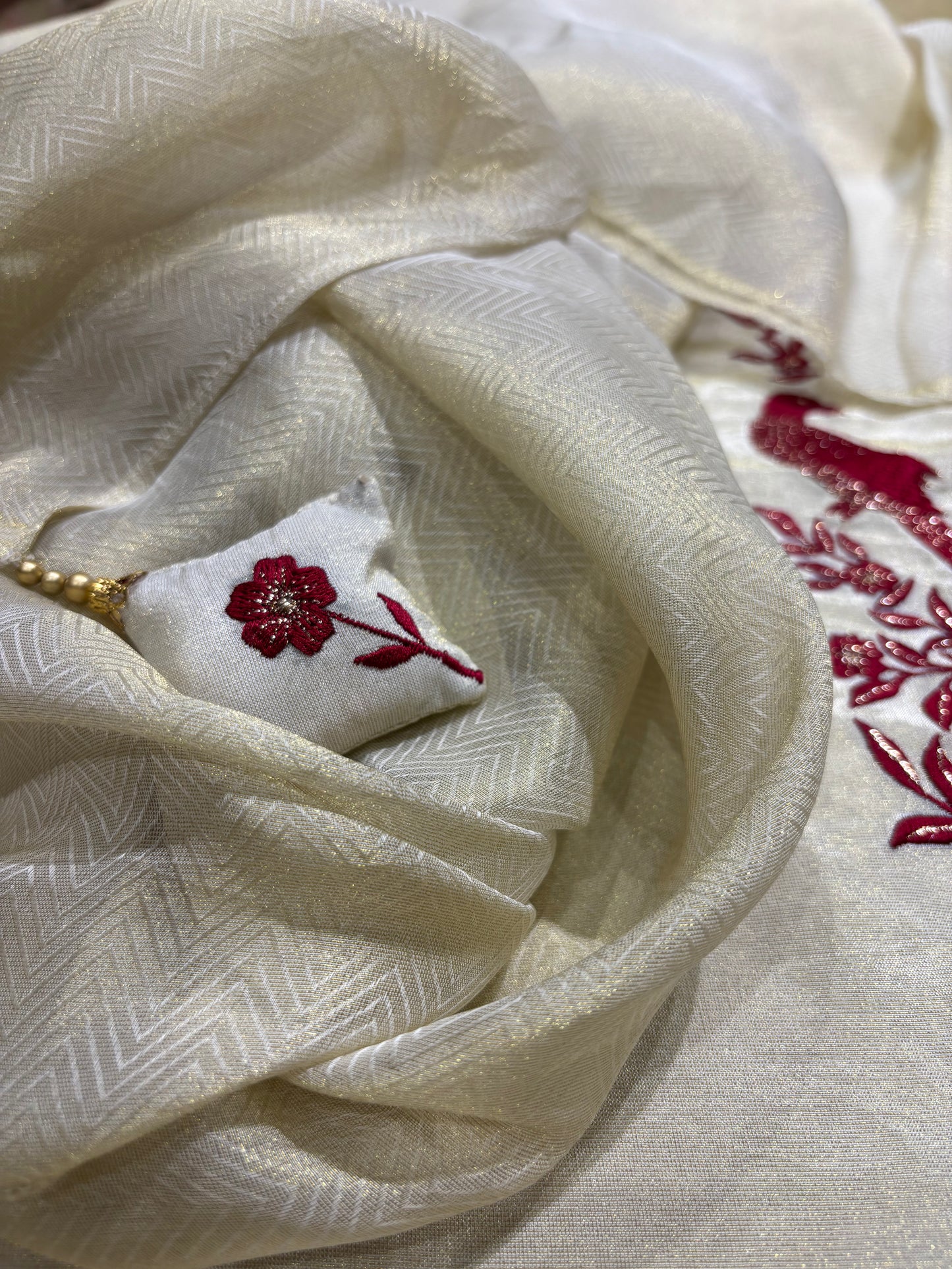 IVORY GOLD GEORGETTE TISSUE UNSTITCHED SUIT WITH RED RESHAM EMBROIDERY