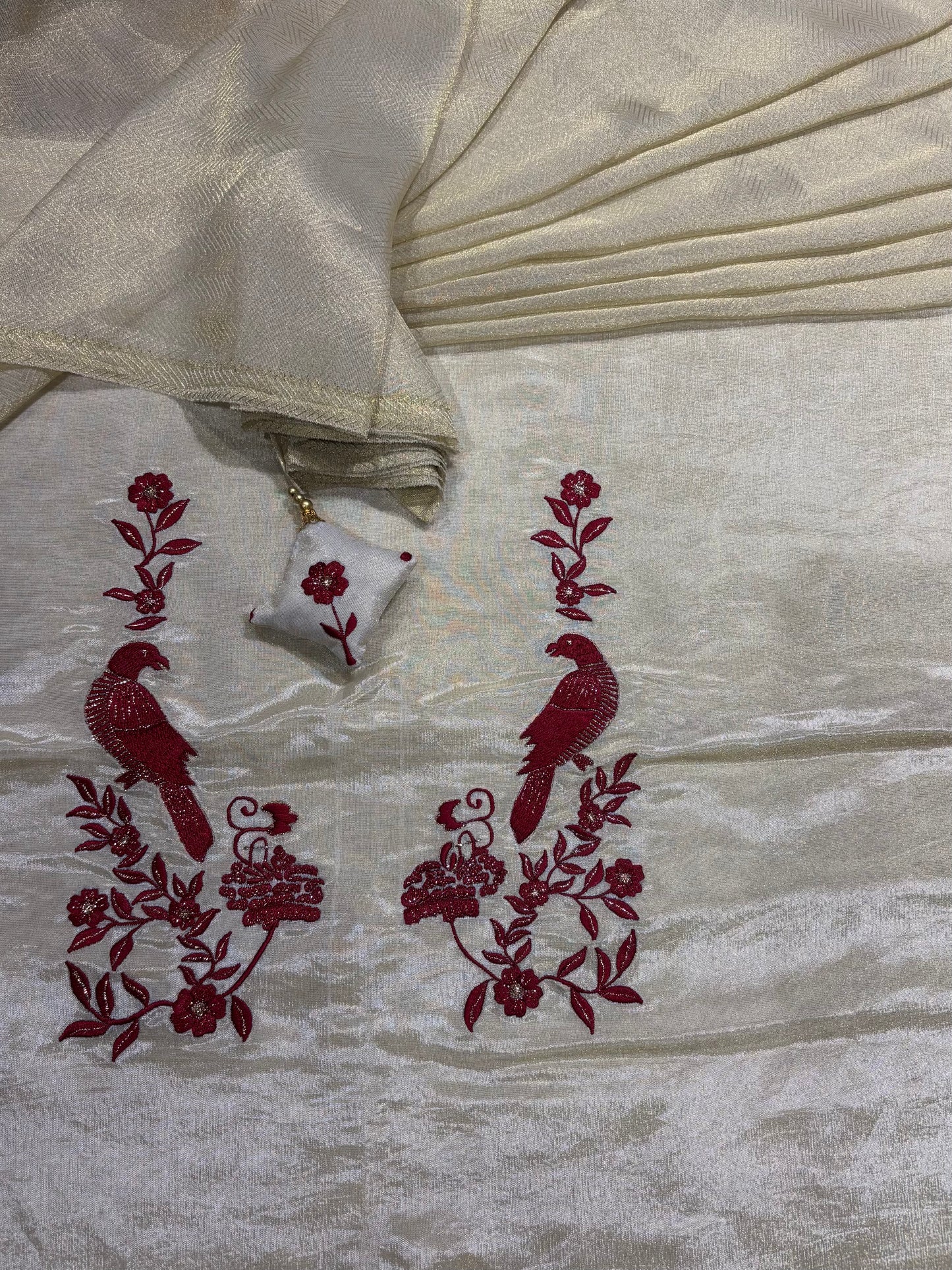 IVORY GOLD GEORGETTE TISSUE UNSTITCHED SUIT WITH RED RESHAM EMBROIDERY