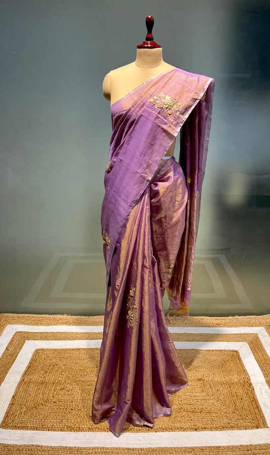 PURPLE COLOUR HAND EMBROIDERED TISSUE SAREE EMBELLISHED WITH ZARDOZI WORK