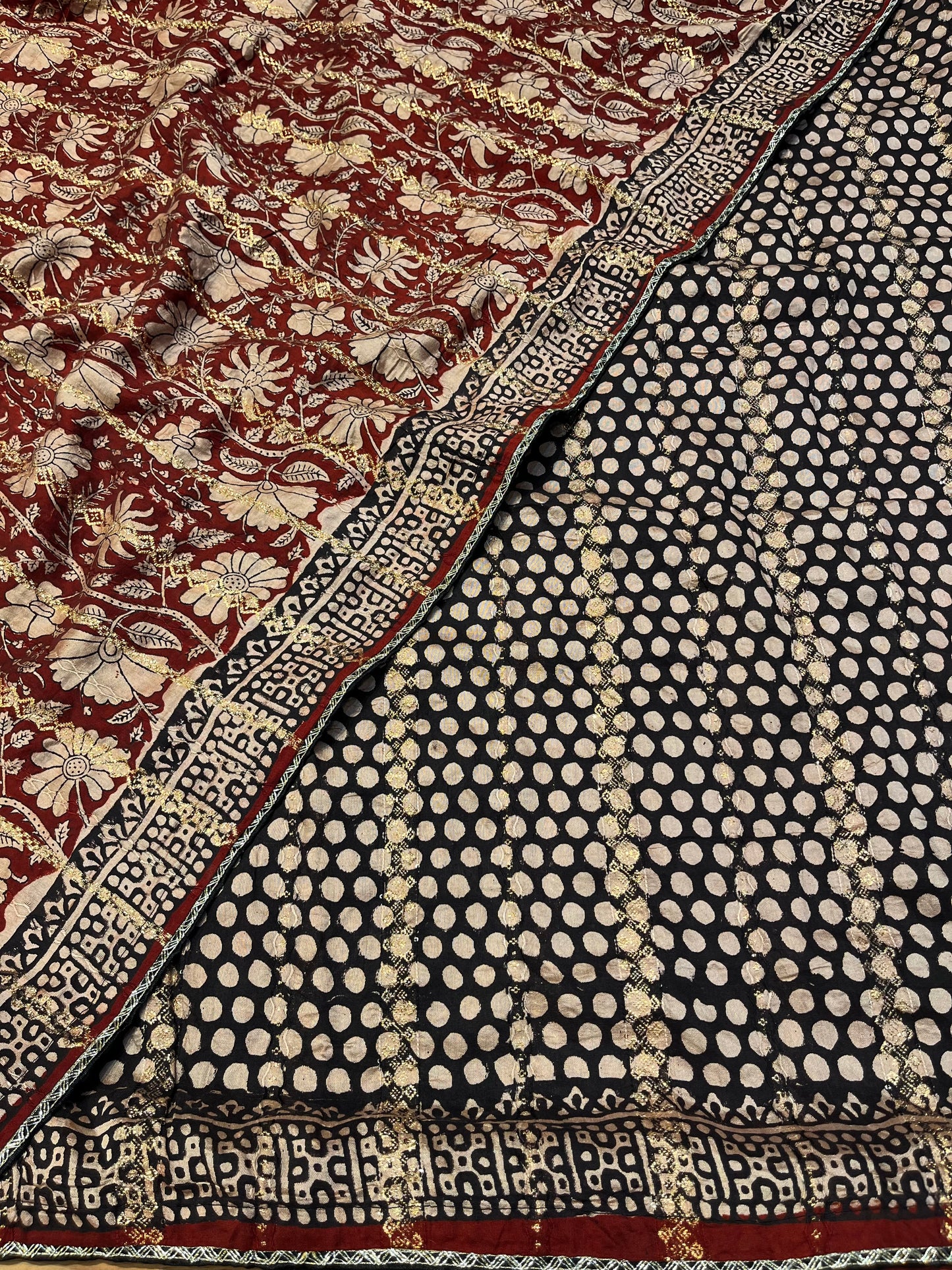 MAROON COLOUR MUNGA COTTON AJRAKH PRINTED SAREE WITH CONTRAST PRINTED BLOUSE - Kothari Sons