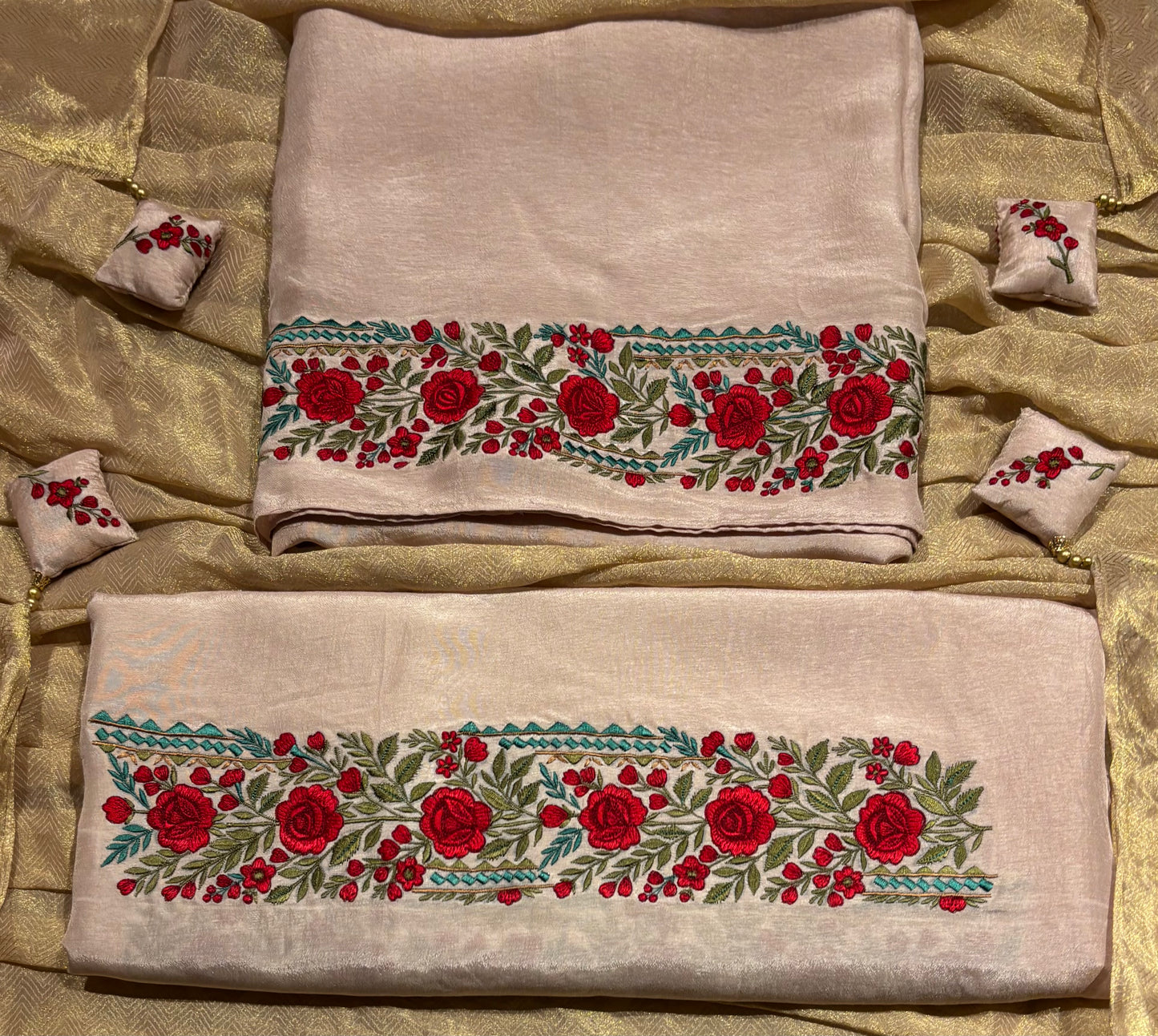 POWDER PINK UNSTITCHED SUIT WITH RESHAM EMBROIDERY AND TISSUE DUPATTA