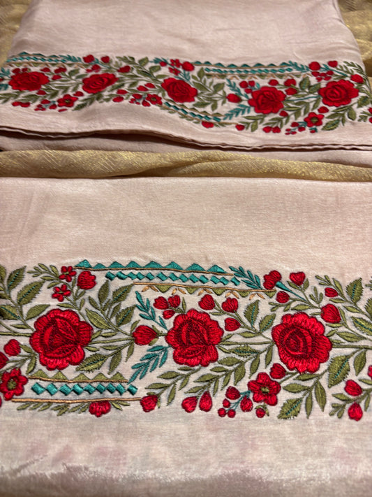 POWDER PINK UNSTITCHED SUIT WITH RESHAM EMBROIDERY AND TISSUE DUPATTA