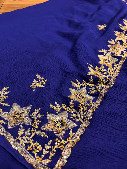 BLUE COLOUR PURE PLATINUM CHIFFON HAND EMBROIDERED SAREE EMBELLISHED WITH AARI, SEQUINS & ZARDOZI WORK ( DELIVERY IN 25-30 DAYS ) - Kothari Sons