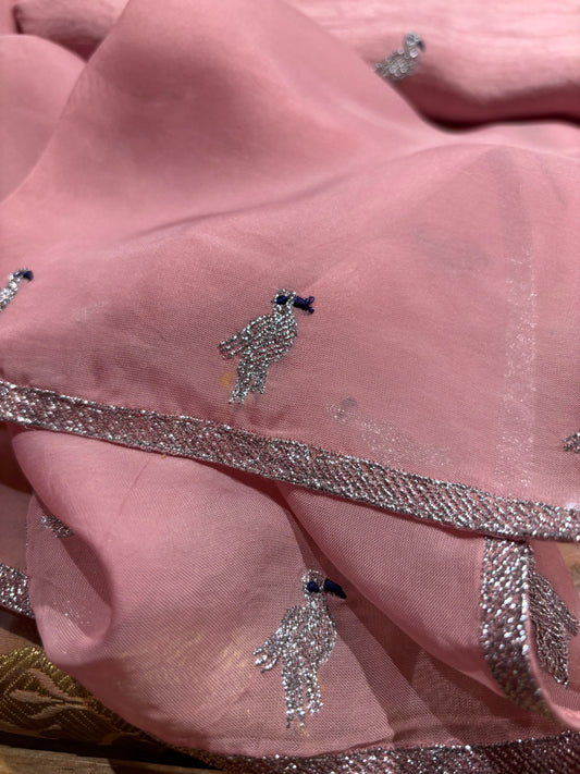 ROSE PINK PURE SILK UNSTITCHED SUIT SET WITH ORGANZA DUPATTA EMBELLISHED WITH SILVER ZARI EMBROIDERED FLAMINGO BIRD MOTIFS