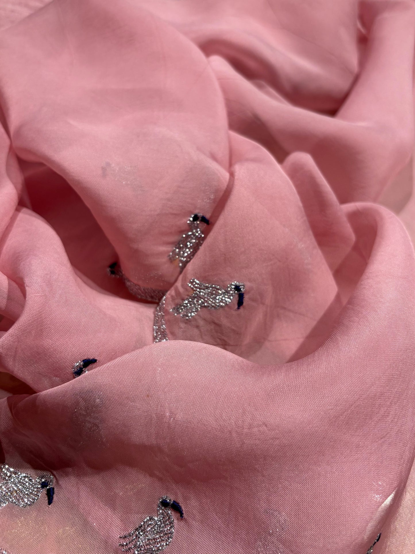 ROSE PINK PURE SILK UNSTITCHED SUIT SET WITH ORGANZA DUPATTA EMBELLISHED WITH SILVER ZARI EMBROIDERED FLAMINGO BIRD MOTIFS
