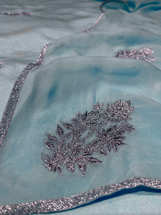 AQUA COLOUR PLANT BASED SILK UNSTITCHED SUIT WITH ORGANZA DUPATTA EMBELLISHED WITH SILVER ZARI EMBROIDERY BY SIDDHAIKA - Kothari Sons