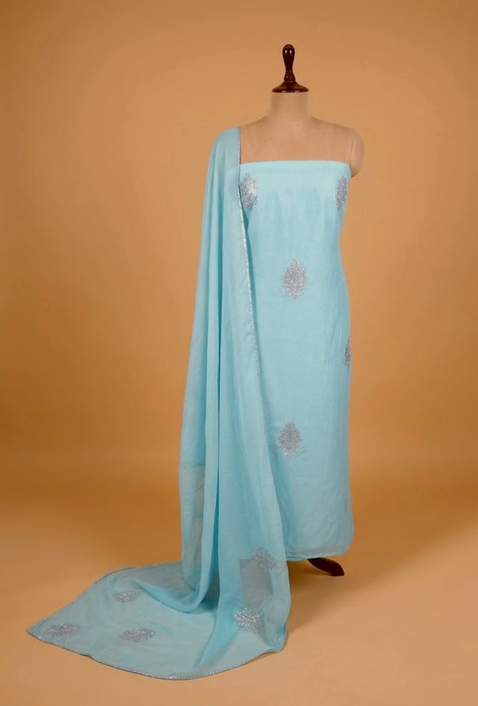 AQUA COLOUR PLANT BASED SILK UNSTITCHED SUIT WITH ORGANZA DUPATTA EMBELLISHED WITH SILVER ZARI EMBROIDERY BY SIDDHAIKA - Kothari Sons