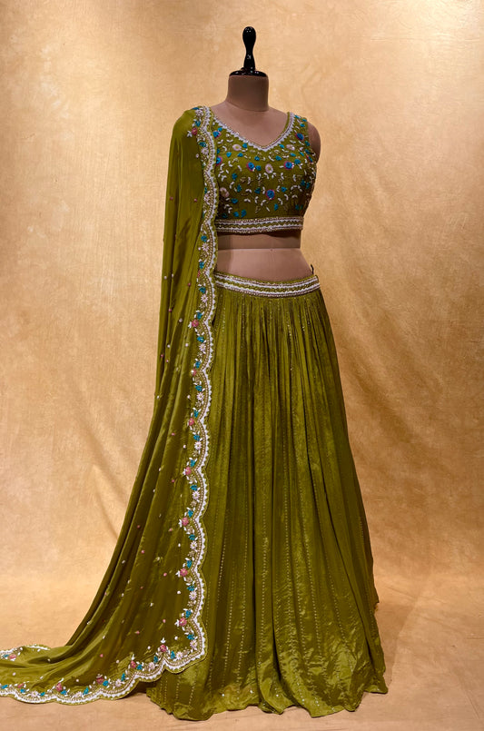 MEHANDI GREEN COLOR CHINON SKIRT WITH CROP TOP BLOUSE EMBELLISHED WITH PEARL, CUTDANA & BEADS WORK