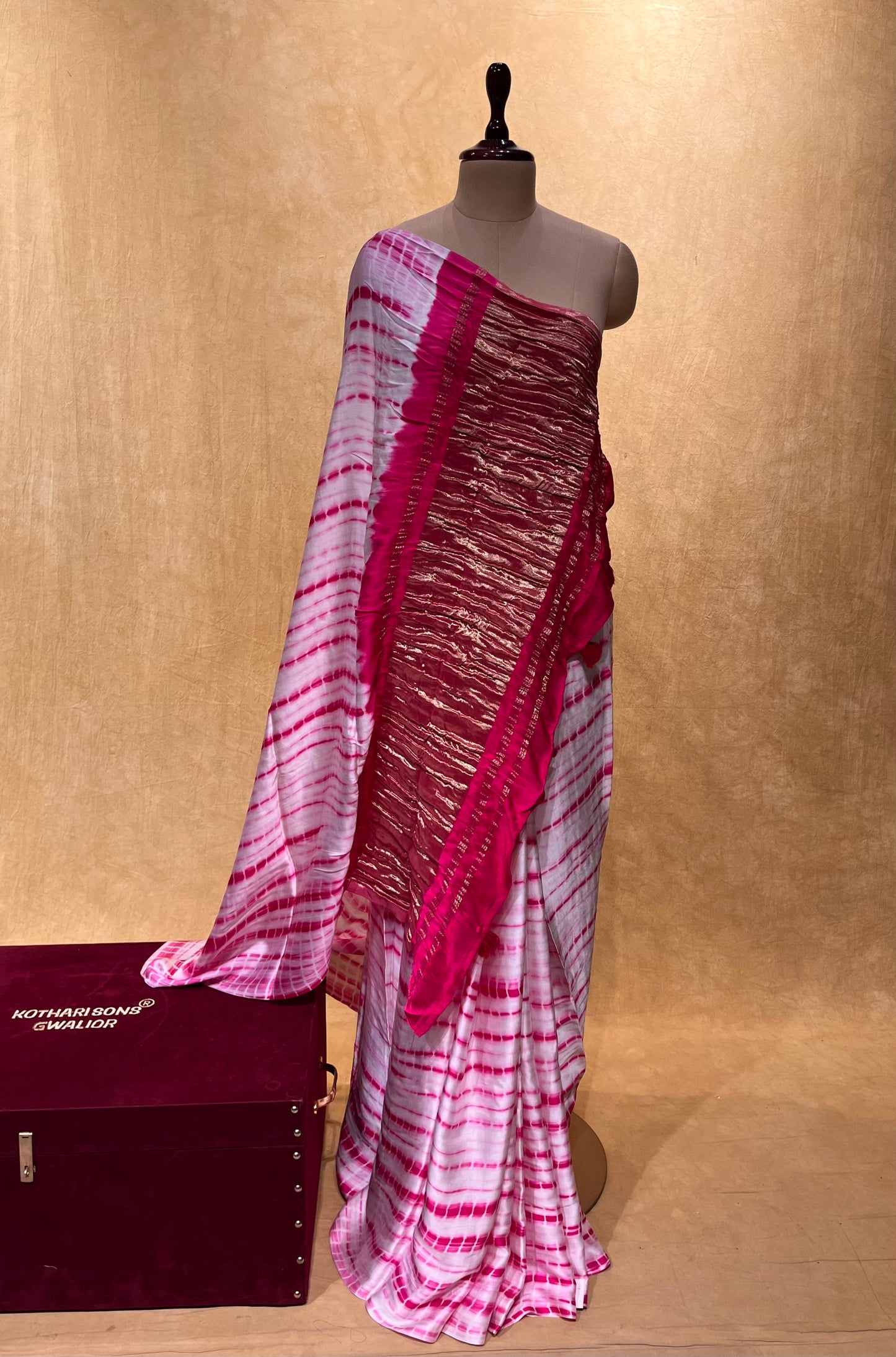 WHITE & PINK COLOUR GAZZI SILK SHIBORI PRINT SAREE WITH TISSUE CRUSH PALLA