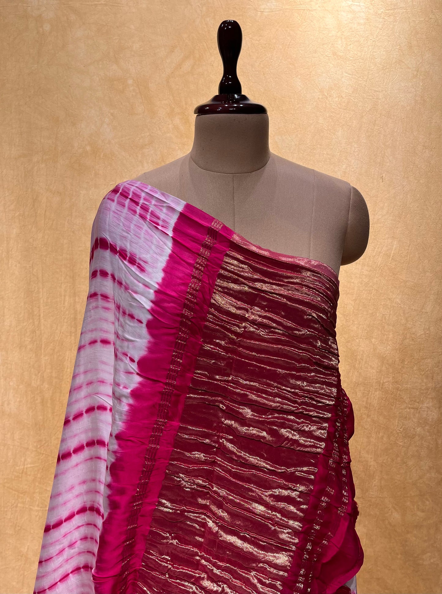 WHITE & PINK COLOUR GAZZI SILK SHIBORI PRINT SAREE WITH TISSUE CRUSH PALLA