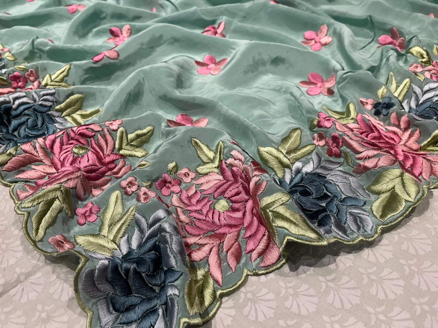 PASTEL GREEN COLOUR CREPE SILK PARSI WORK EMBROIDERY SAREE