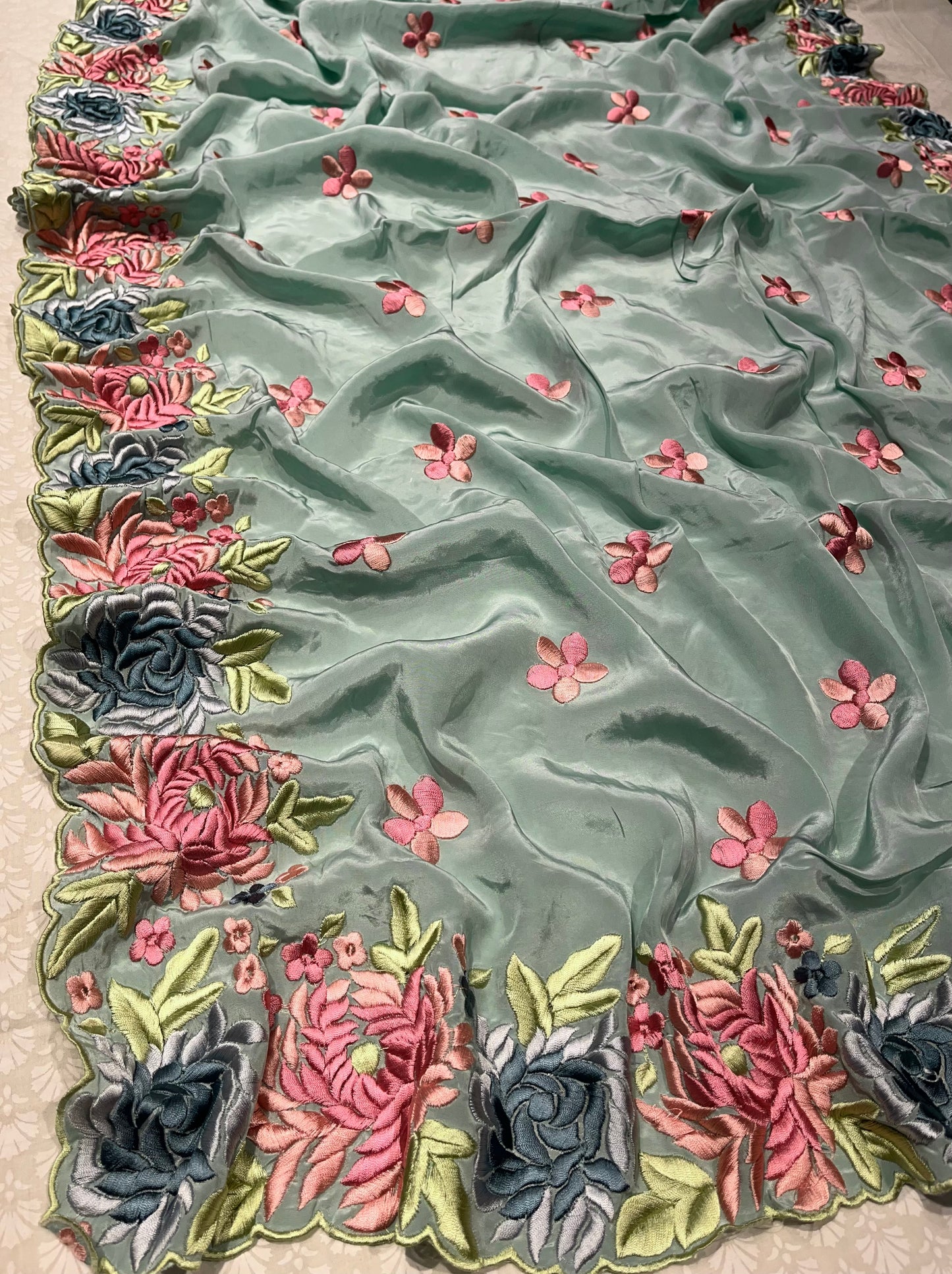 PASTEL GREEN COLOUR CREPE SILK PARSI WORK EMBROIDERY SAREE