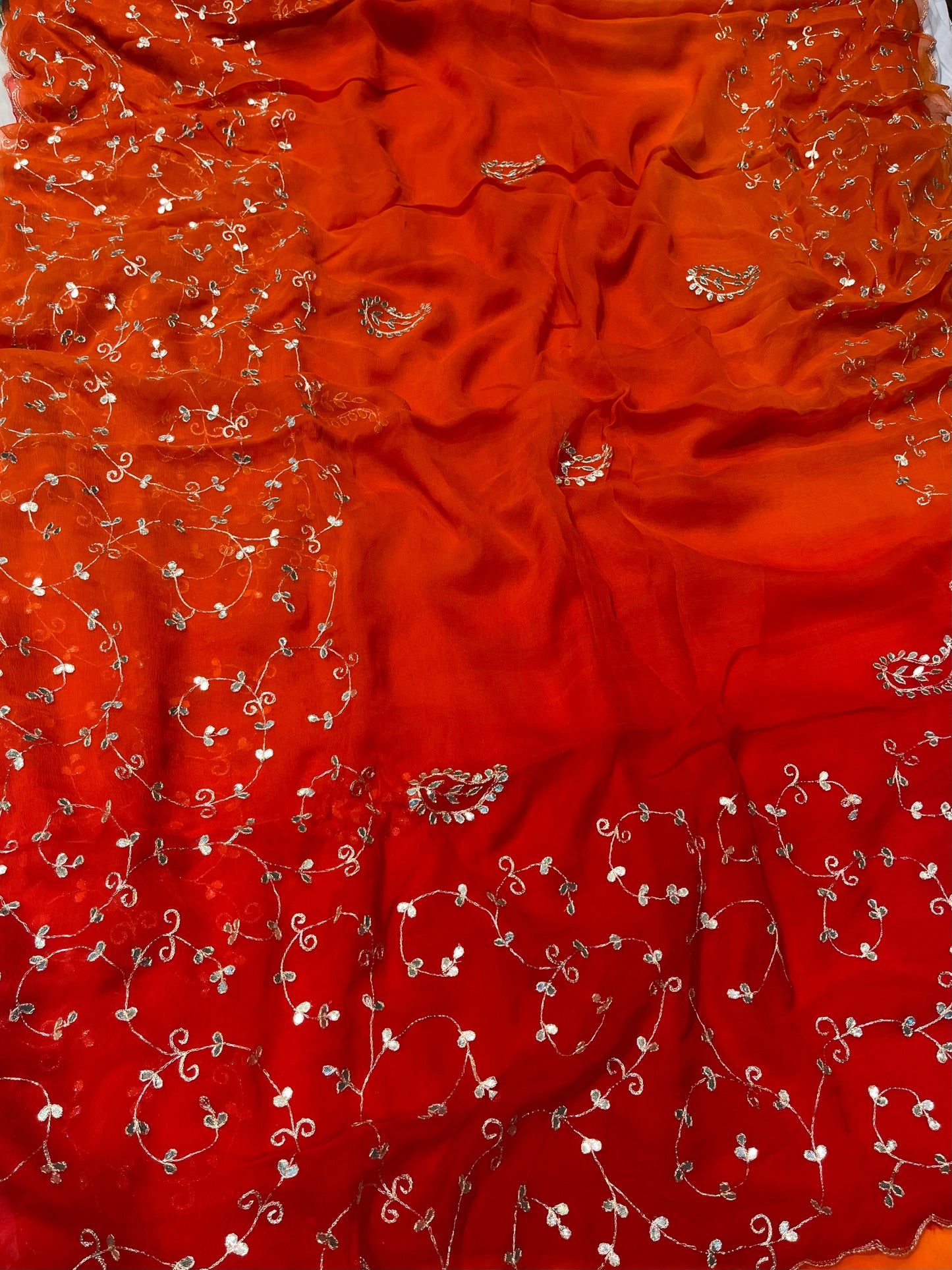 ORANGE COLOUR SHADED CHIFFON GOTA PATTI EMBROIDERED SAREE ( DELIVERY IN 25 DAYS ) - Kothari Sons