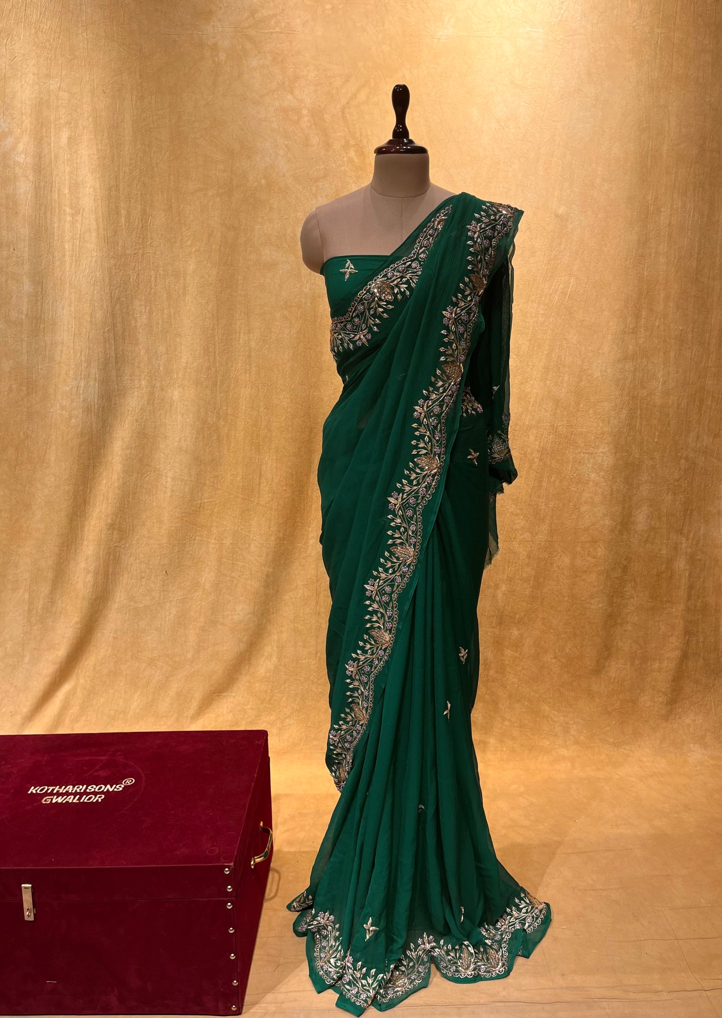 GREEN COLOUR PURE CHIFFON HAND EMBROIDERED SAREE EMBELLISHED WITH AARI & ZARDOZI WORK
