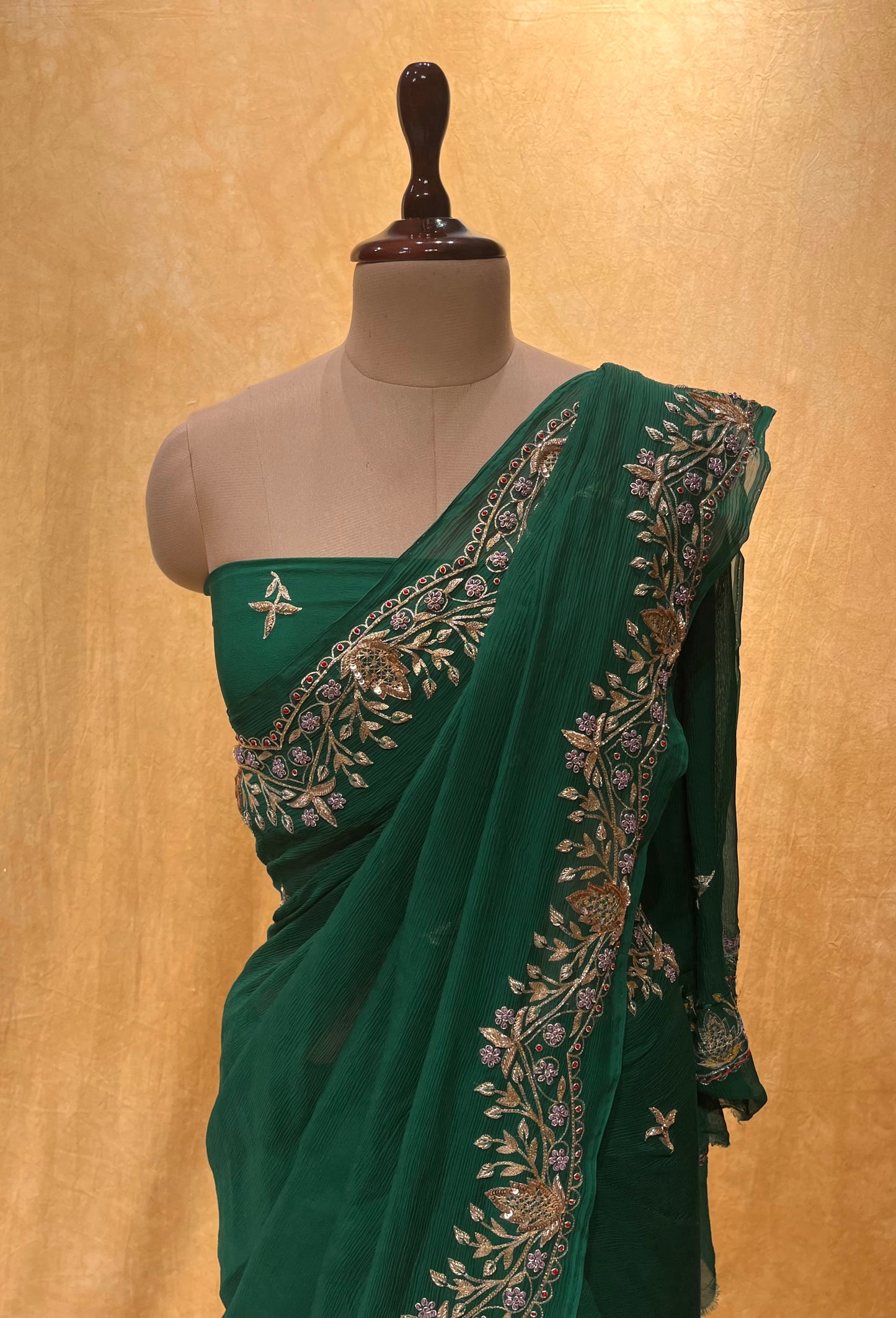GREEN COLOUR PURE CHIFFON HAND EMBROIDERED SAREE EMBELLISHED WITH AARI & ZARDOZI WORK