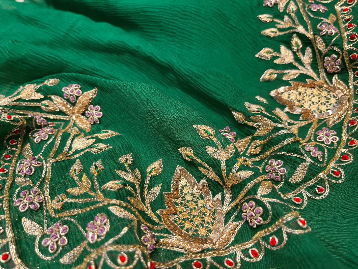 GREEN COLOUR PURE CHIFFON HAND EMBROIDERED SAREE EMBELLISHED WITH AARI & ZARDOZI WORK