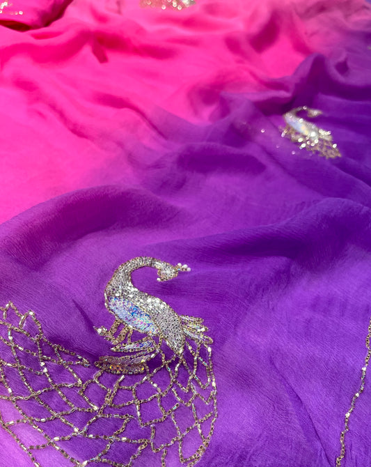 SHADED CHIFFON EMBROIDERED SAREE EMBELLISHED WITH CUTDANA & SEQUINS WORK ( DELIVERY IN 25 DAYS ) - Kothari Sons