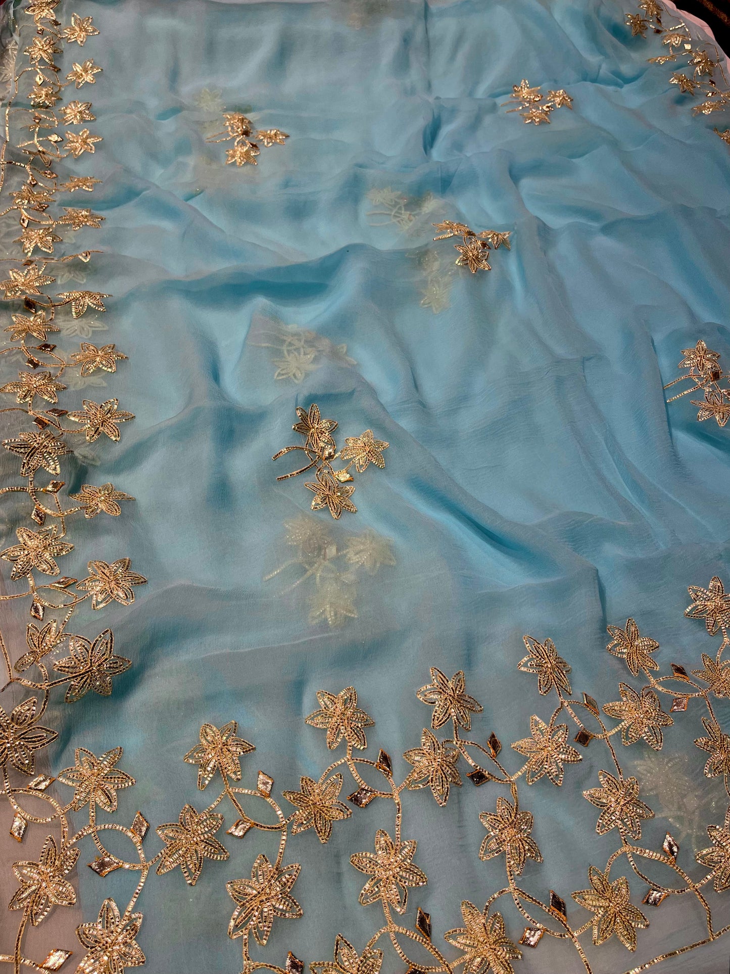SKY BLUE CHIFFON GOTA PATTI WORK SAREE WITH MATCHING BLOUSE ( DELIVERY IN 25 DAYS ) - Kothari Sons