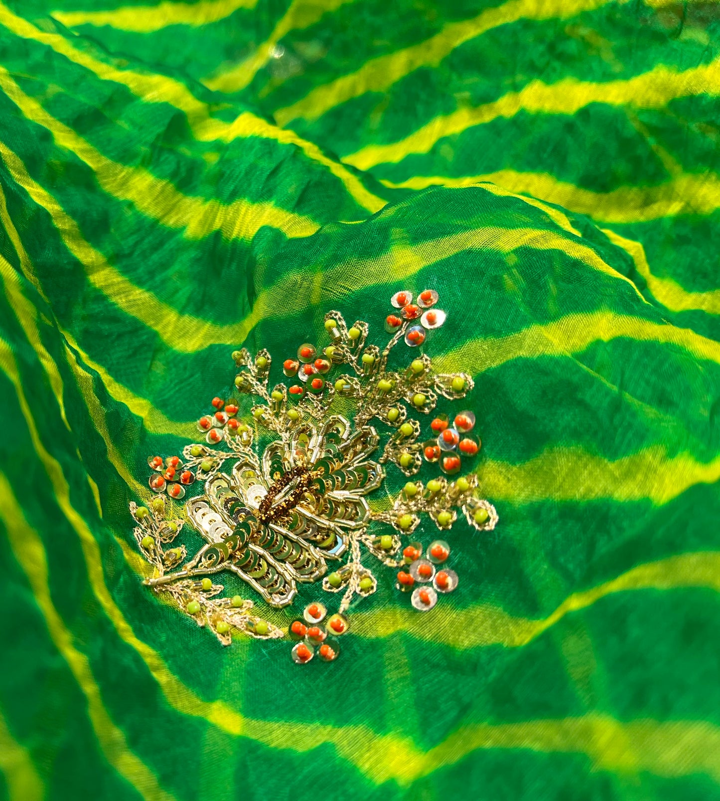 GREEN COLOUR LEHERIYA ORGANZA HAND EMBROIDERED SAREE EMBELLISHED WITH ZARDOZI & BEADS WORK