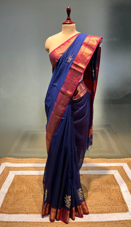 BLUE COLOUR MAHESHWARI HAND EMBROIDERED SAREE EMBELLISHED WITH CUTDANA & AARI WORK