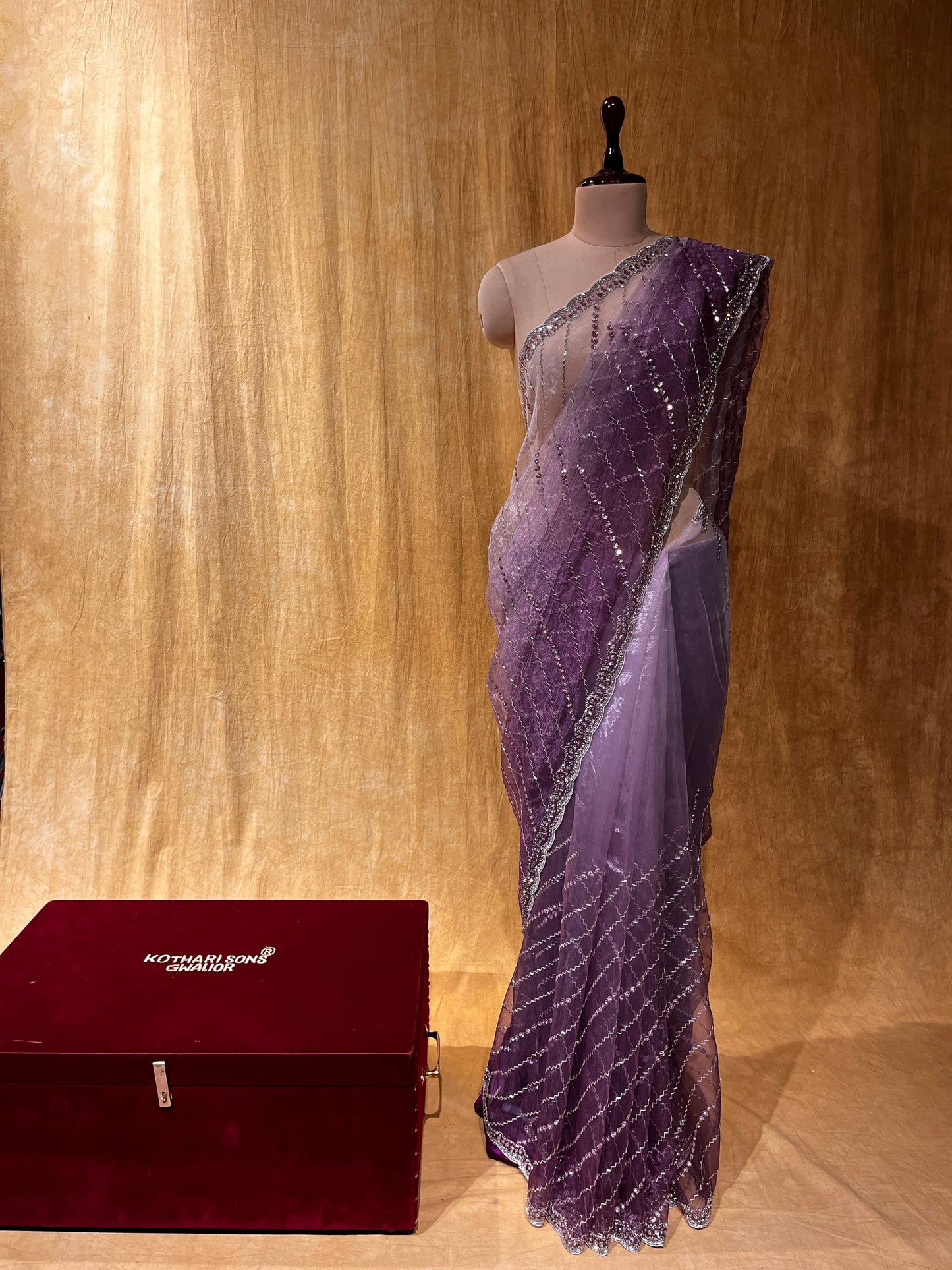 PURPLE COLOUR SHADED ORGANZA HAND EMBROIDERED SAREE EMBELLISHED WITH CUTDANA & SEQUINS WORK