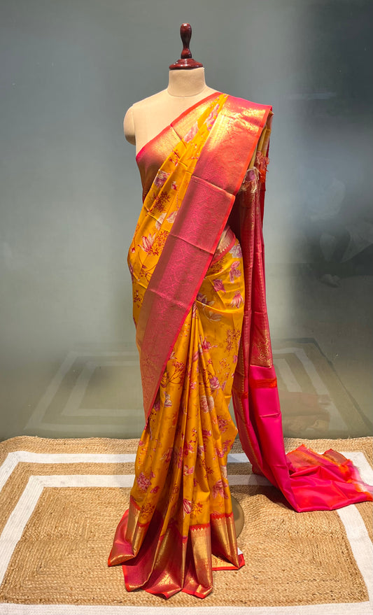 YELLOW COLOUR PRINTED PURE SILK SAREE WITH KANJIVARAM BORDER & PALLA