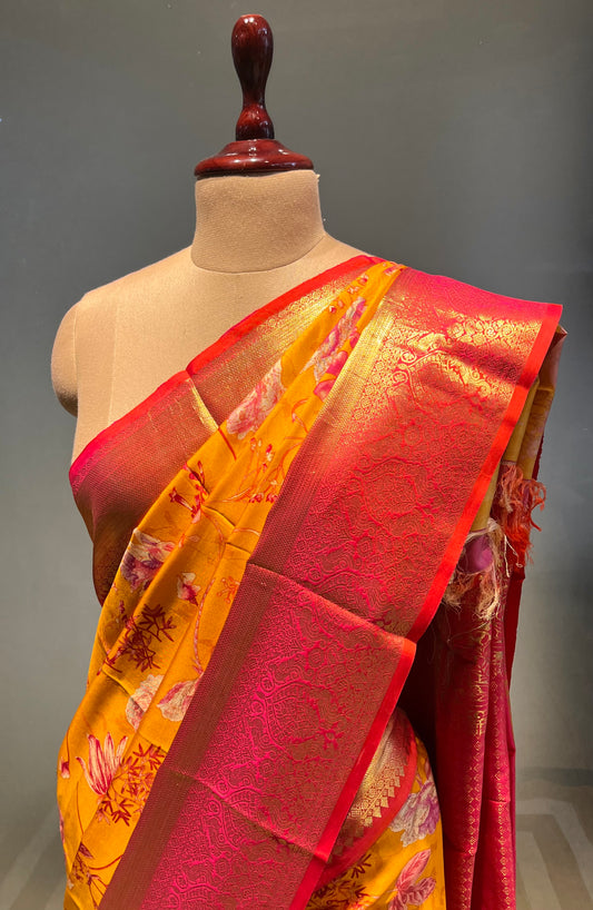 YELLOW COLOUR PRINTED PURE SILK SAREE WITH KANJIVARAM BORDER & PALLA