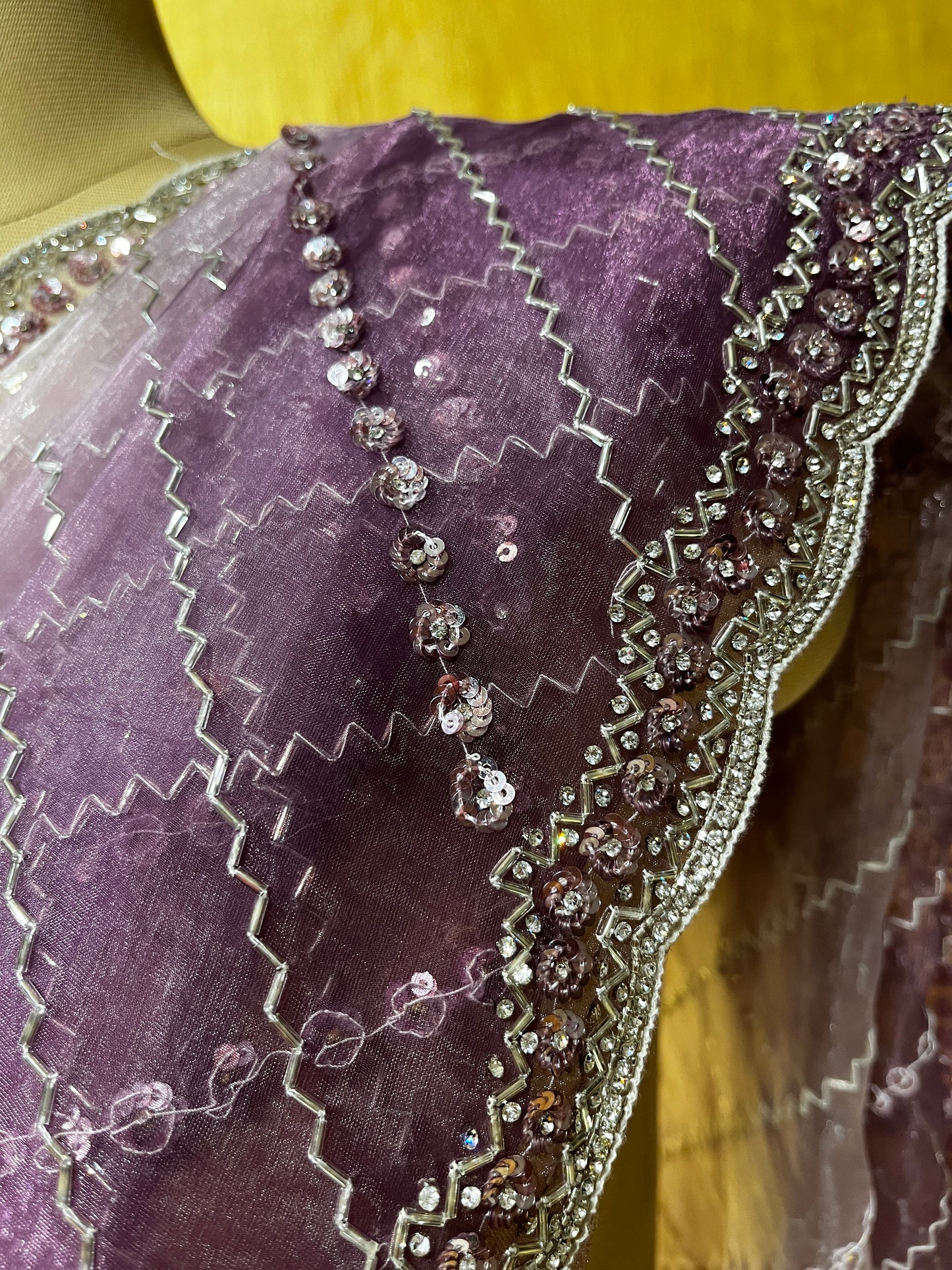 PURPLE COLOUR SHADED ORGANZA HAND EMBROIDERED SAREE EMBELLISHED WITH CUTDANA & SEQUINS WORK