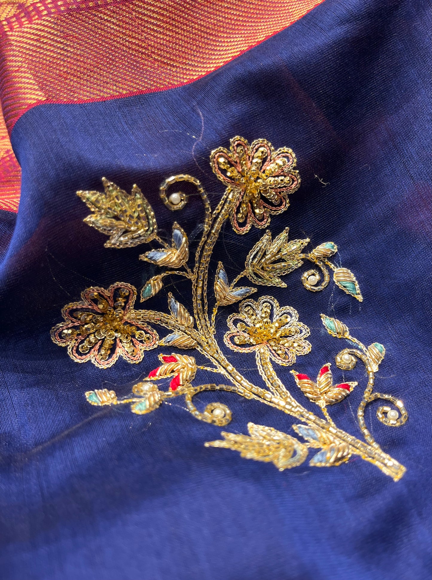 BLUE COLOUR MAHESHWARI HAND EMBROIDERED SAREE EMBELLISHED WITH CUTDANA & AARI WORK