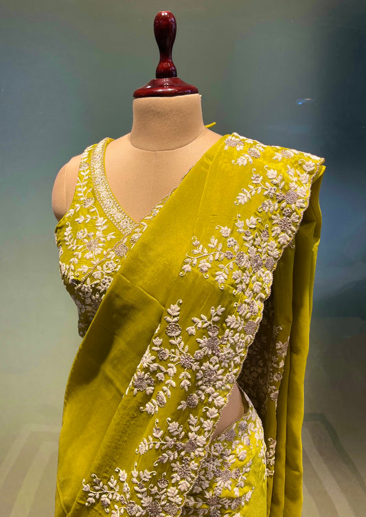 ( DELIVERY IN 25 DAYS ) PARROT GREEN COLOUR CHINON READYMADE BLOUSE SAREE EMBELLISHED WITH ZARI & SEQUINS WORK