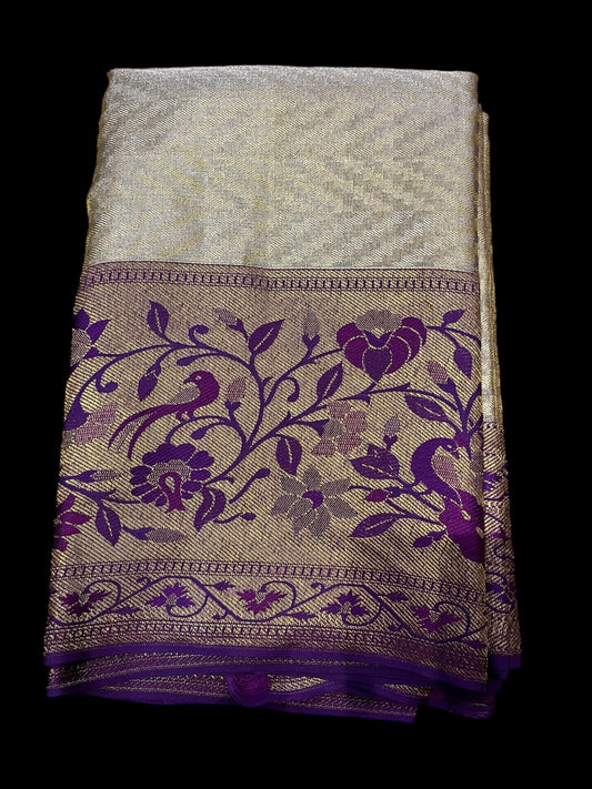 GOLDAN COLOR, PURE KANJIVARAM SILK SAREE WITH PURPLE BORDER