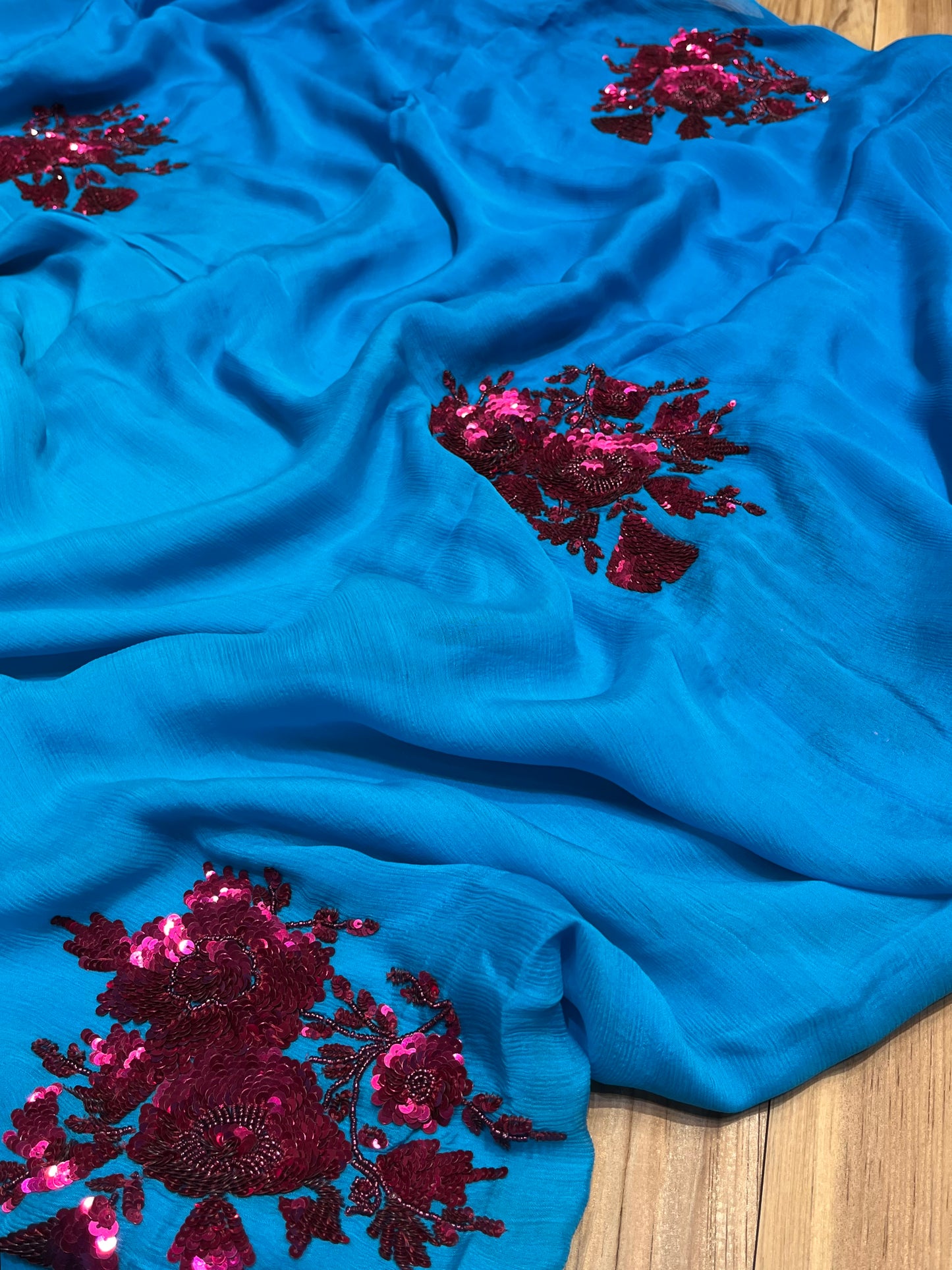 ( DELIVERY IN 20-25 DAYS ) FIROZI COLOUR PURE CHIFFON HAND EMBROIDERED SAREE EMBELLISHED WITH SEQUINS WORK