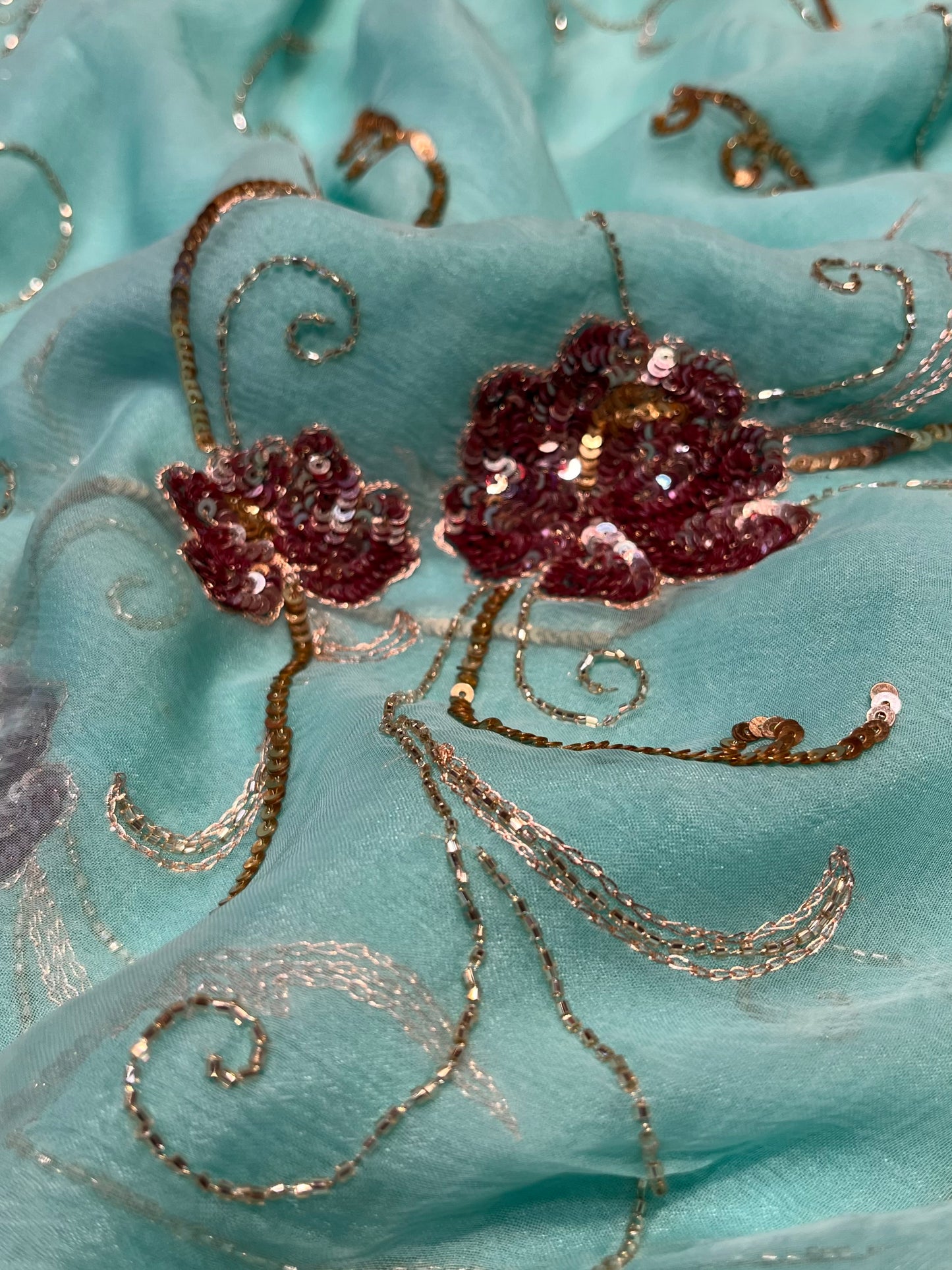 ( DELIVERY IN 20-25 DAYS ) AQUA COLOUR CHIFFON HAND EMBROIDERED SAREE EMBELLISHED WITH SEQUINS WORK
