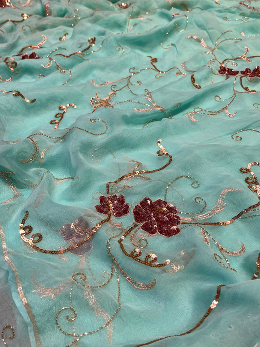 ( DELIVERY IN 20-25 DAYS ) AQUA COLOUR CHIFFON HAND EMBROIDERED SAREE EMBELLISHED WITH SEQUINS WORK