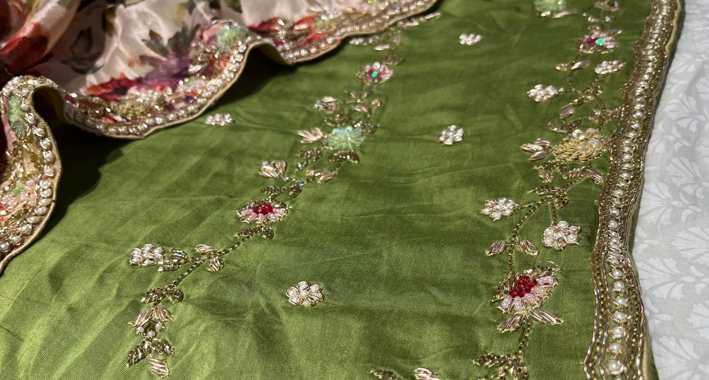 PEACH COLOUR FLORAL SAREE IN LAMIA FABRIC EMBELLISHED WITH PEARL & ZARDOSI WORK