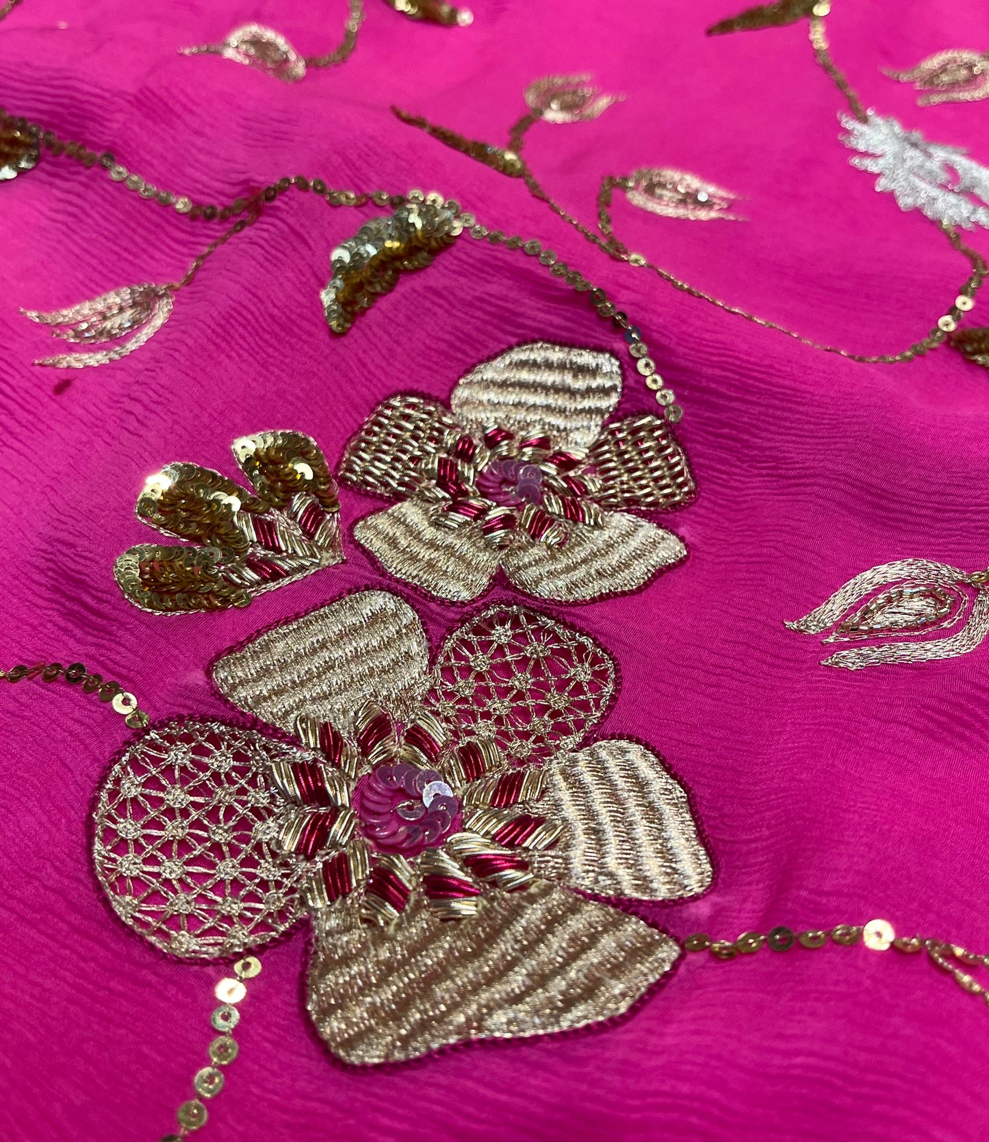 PINK COLOUR PURE CHIFFON HAND EMBROIDERED SAREE EMBELLISHED WITH SEQUINS & ZARDOZI WORK