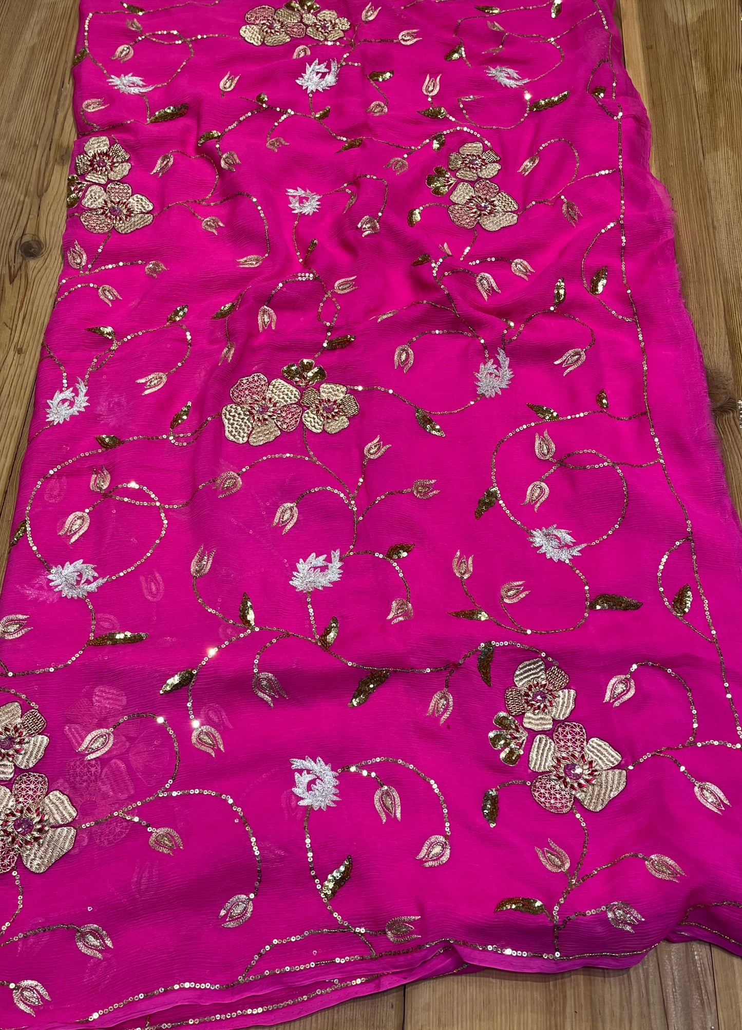 PINK COLOUR PURE CHIFFON HAND EMBROIDERED SAREE EMBELLISHED WITH SEQUINS & ZARDOZI WORK