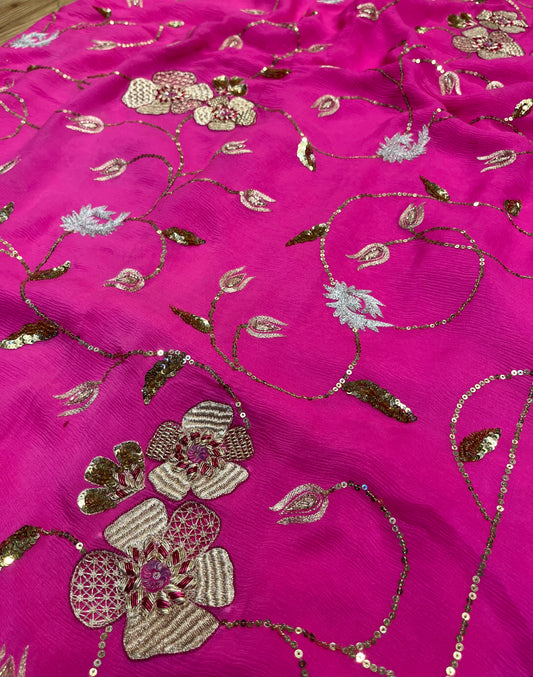 PINK COLOUR PURE CHIFFON HAND EMBROIDERED SAREE EMBELLISHED WITH SEQUINS & ZARDOZI WORK