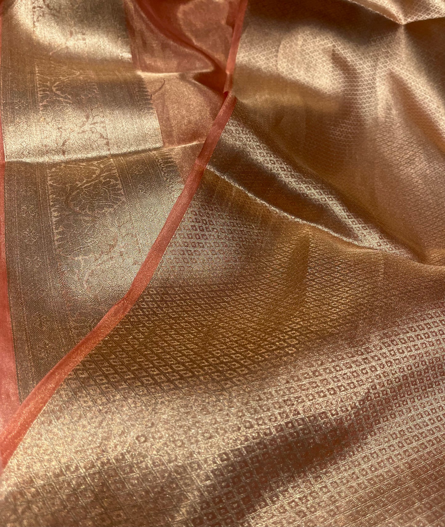 PEACH COLOUR PURE TISSUE SILK SAREE WITH RICH BROCADE BLOUSE - Kothari Sons