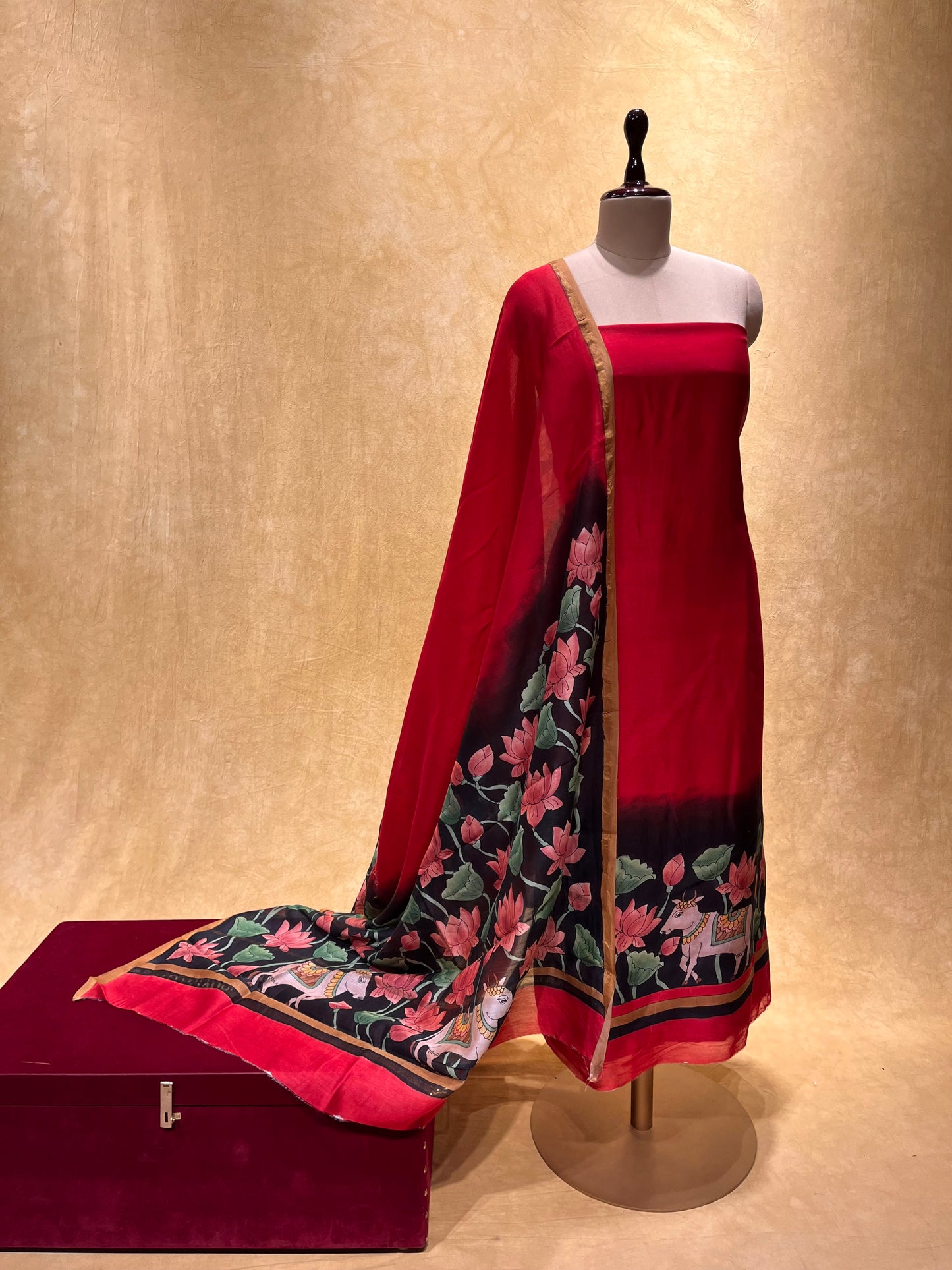 ( DELIVERY IN 25 DAYS) RED COLOUR CHANDERI UNSTITCHED PICHWAI PRINT SUIT