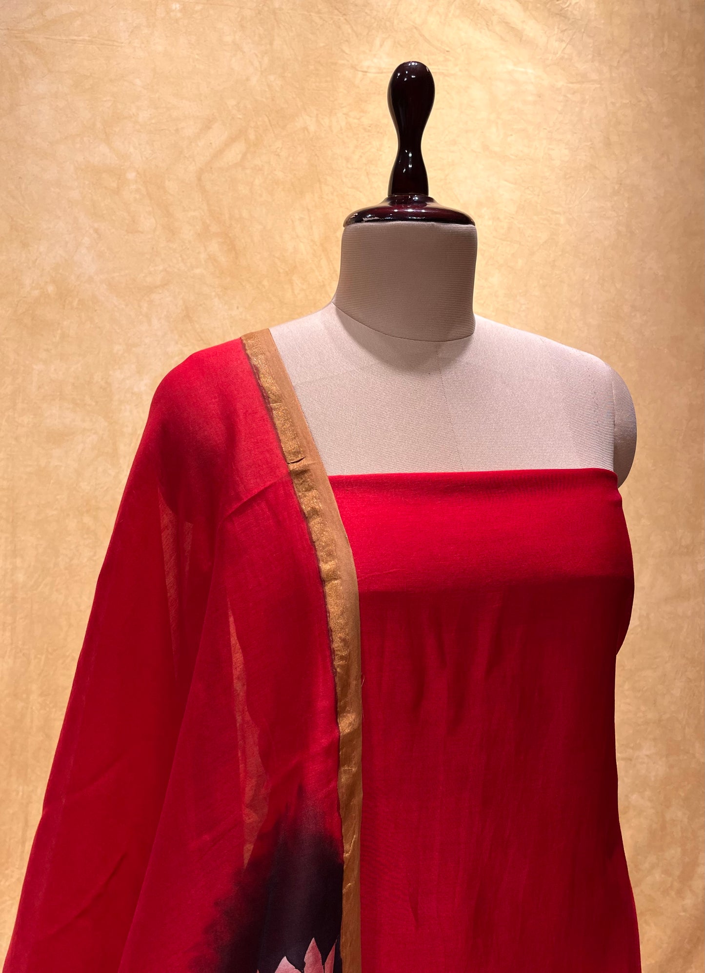 ( DELIVERY IN 25 DAYS) RED COLOUR CHANDERI UNSTITCHED PICHWAI PRINT SUIT